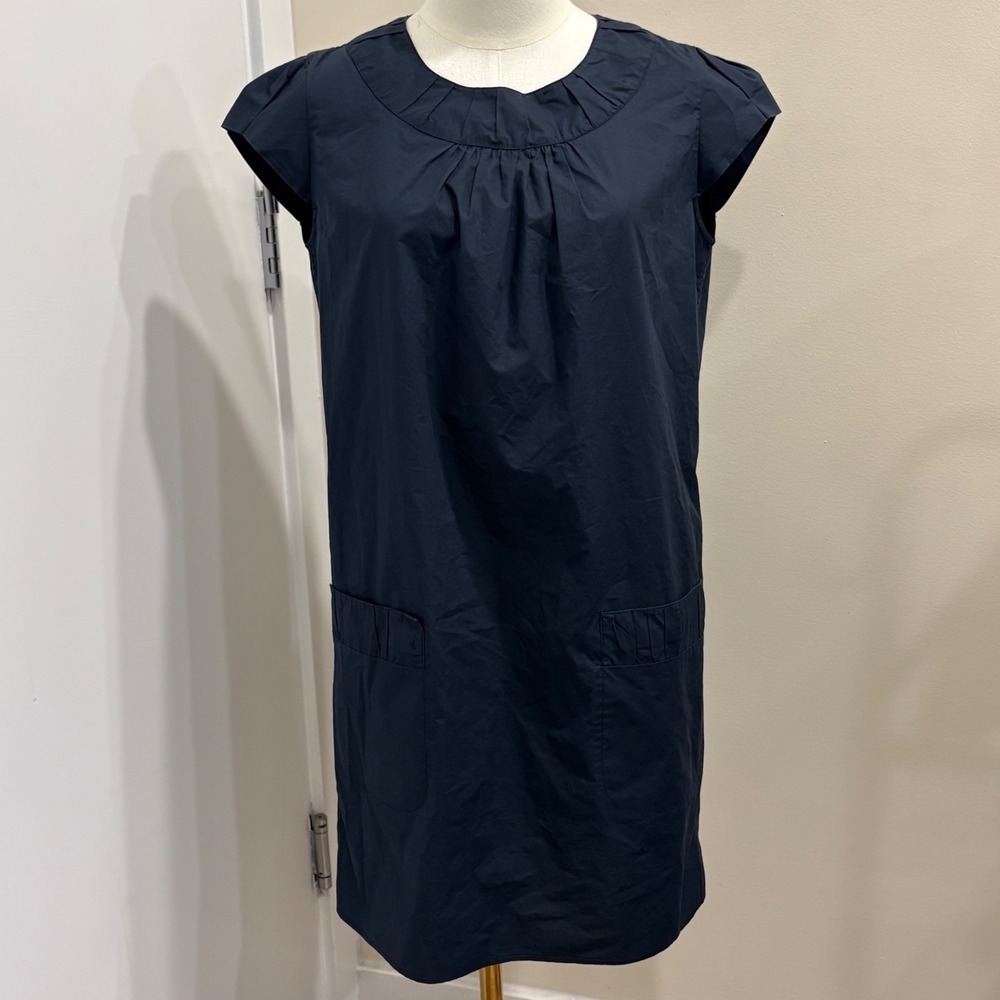 Aspesi Navy Blue Cotton Poplin Pleated Neck Button Back Shift Dress S Minimalist